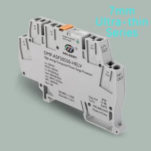 OMP-ASP20550-HELV,超薄7mm,220Vac, Uc550V, 20KA, 20KV,交流/直流,导轨式高能低残压电源防雷器,接线免拧螺丝